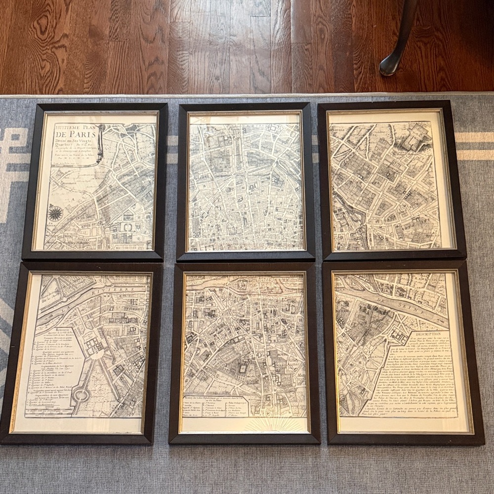 Set of Six Framed Paris Maps
